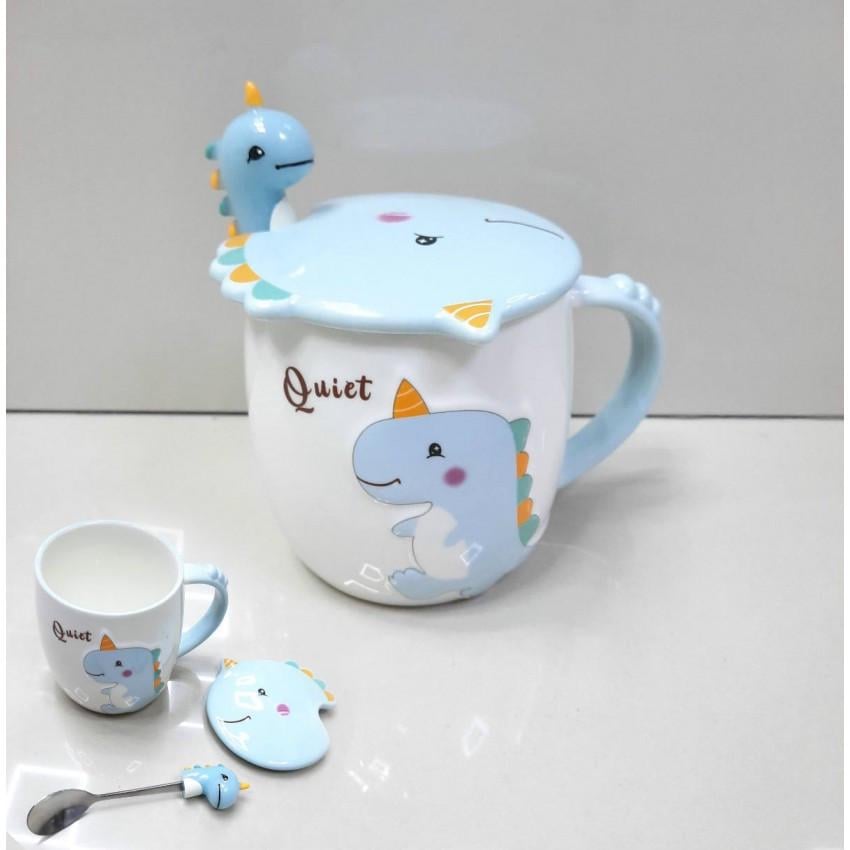 Чашка Stenson R88389/4 Дракоша с крышкой и ложкой керамическая 400 мл