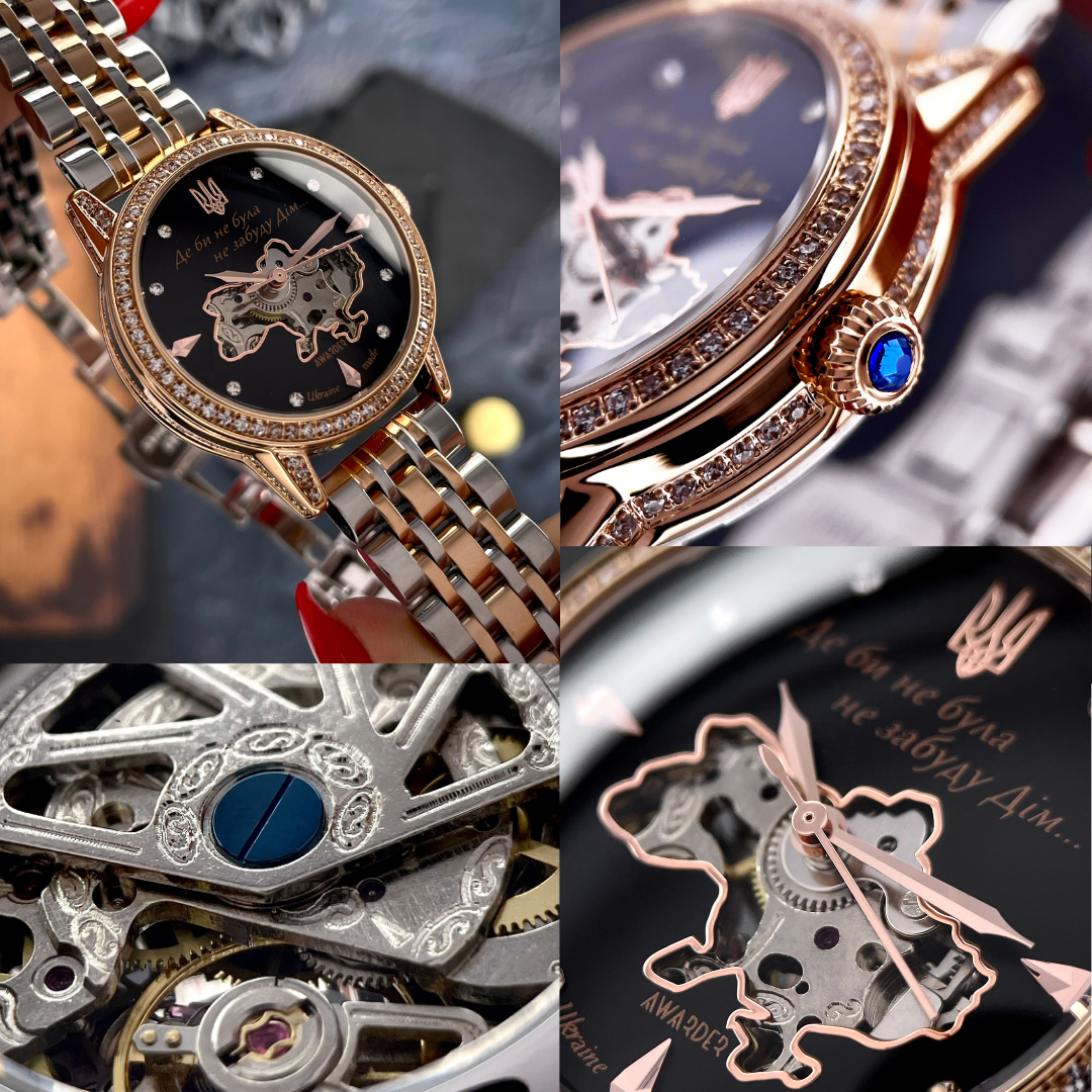 Наручные часы женские Awarder 3D с Гербом Украины патриотические механические со стразами круглые Золотой (1202-0530) - фото 12