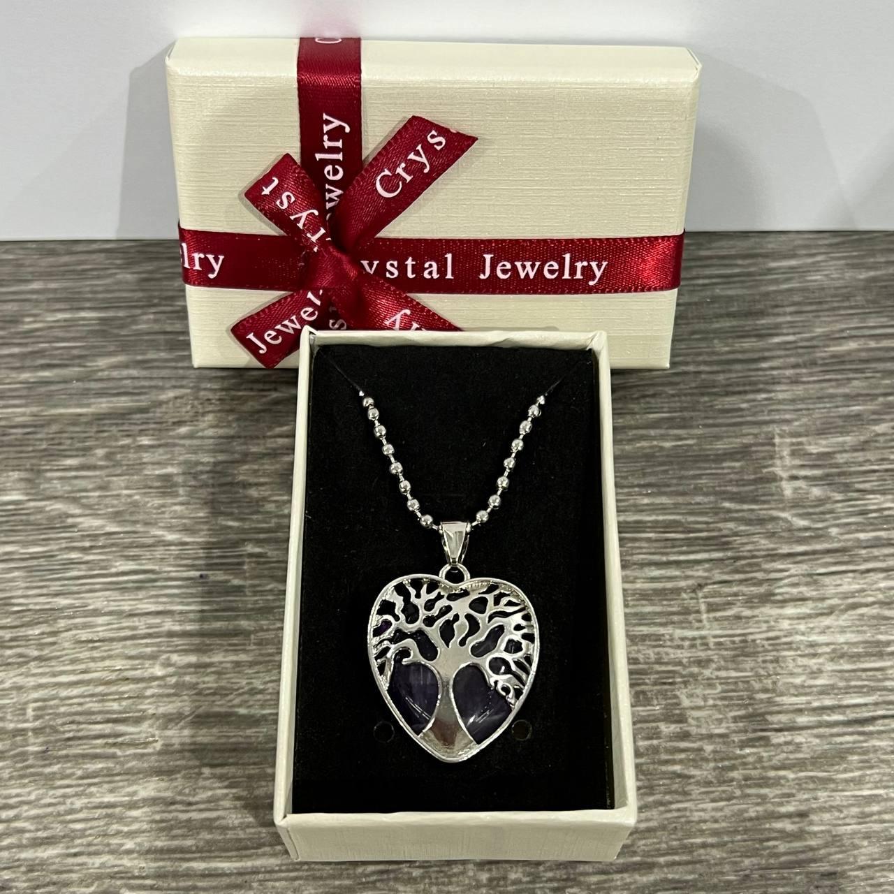 Кулон з натуральним каменем Древо життя аметист в оправі в серці 25 мм в коробочці Сріблястий (2172970022)