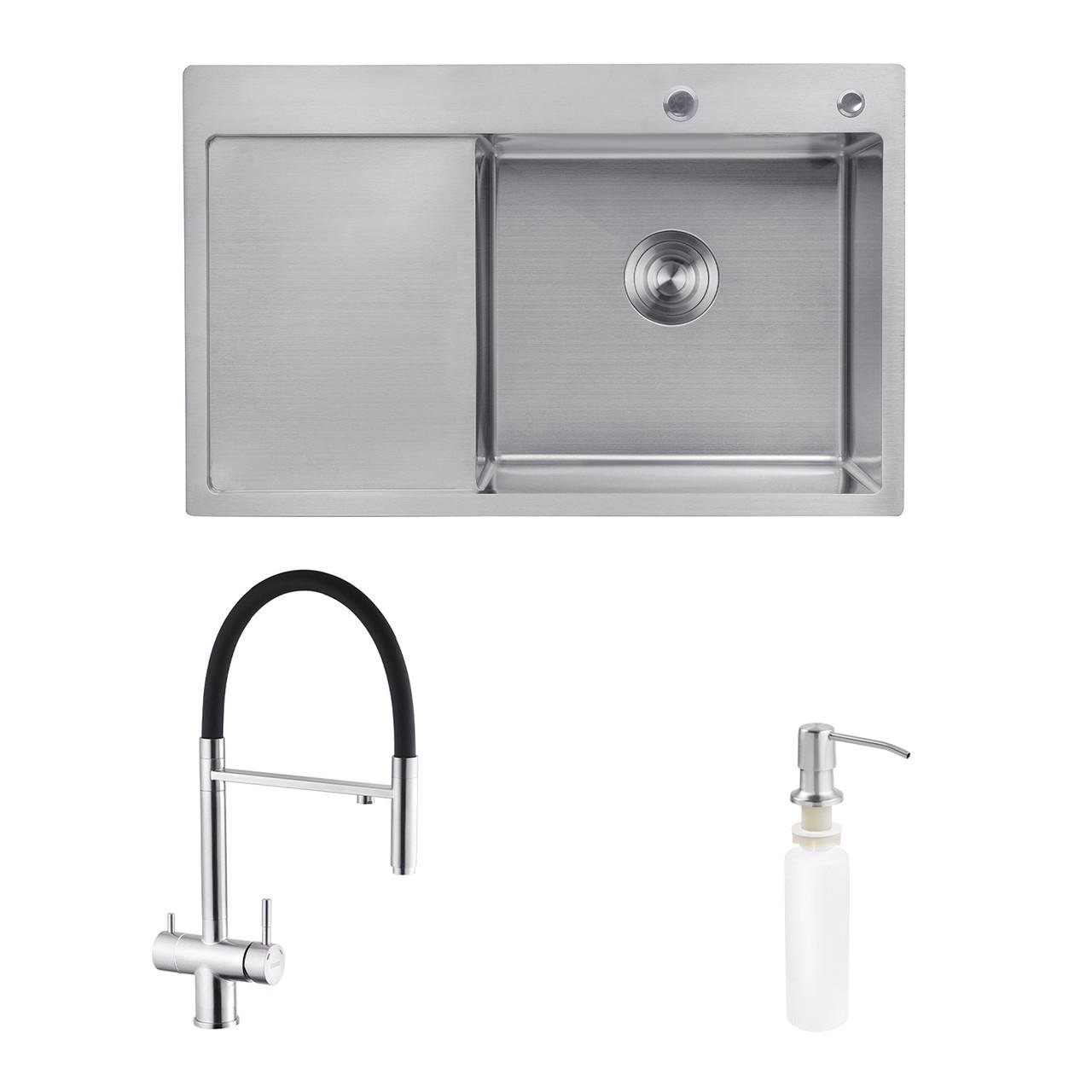 Комплект кухонна мийка Kroner Gebürstet-7849RHM/змішувач Edelstahl Klassisch-ESG03815BLK/ дозатор (2669564672)