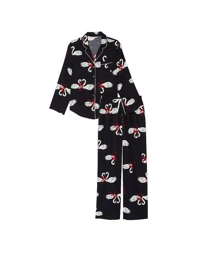 Піжама жіноча фланелева Victoria's Secret Fancy Swans Flannel Long Pajama Set S Чорний (15014790) - фото 4