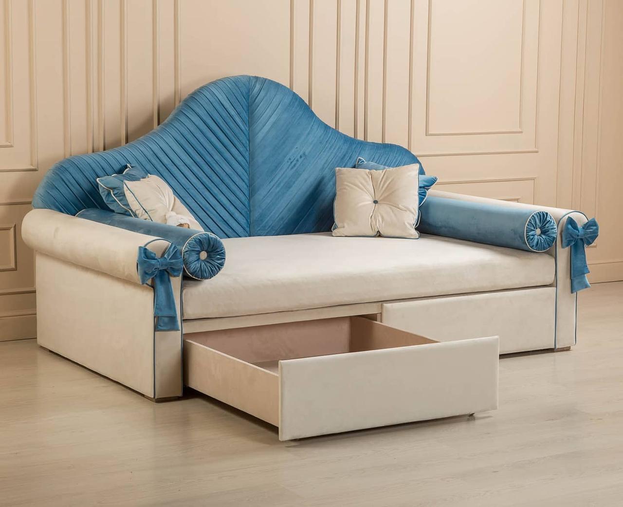 Диван дитячий MeBelle PANKTI велюровий з нішою для білизни 80х170 см Білий/Блакитний (DD_006_2) - фото 2