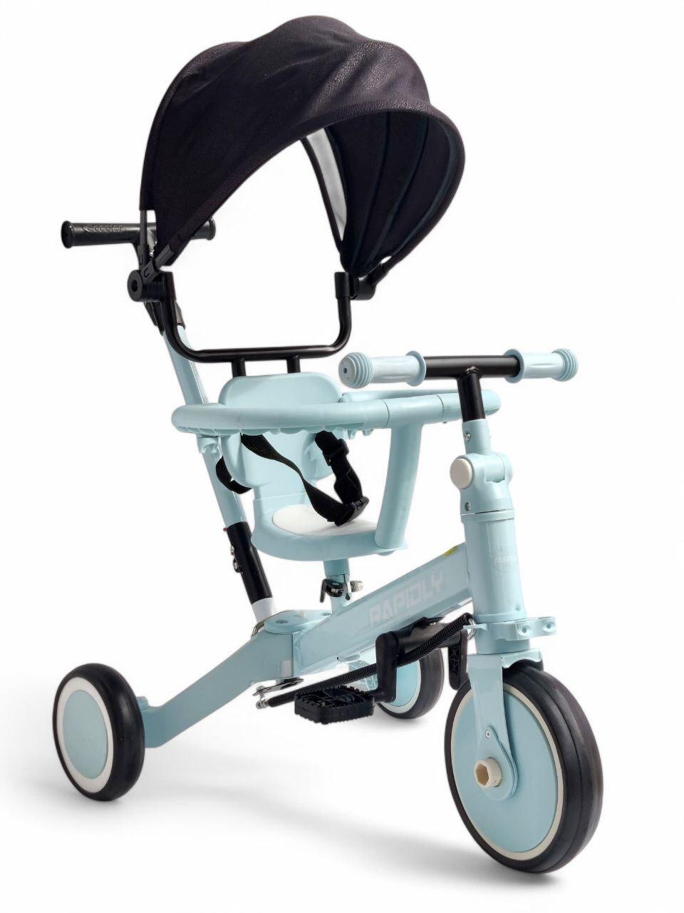 Дитячий велосипед коляска 3в1 Rapidly NN519 із батьківською ручкою на 3 колесах з дашком Блакитний з чорним (NN519r-s1)