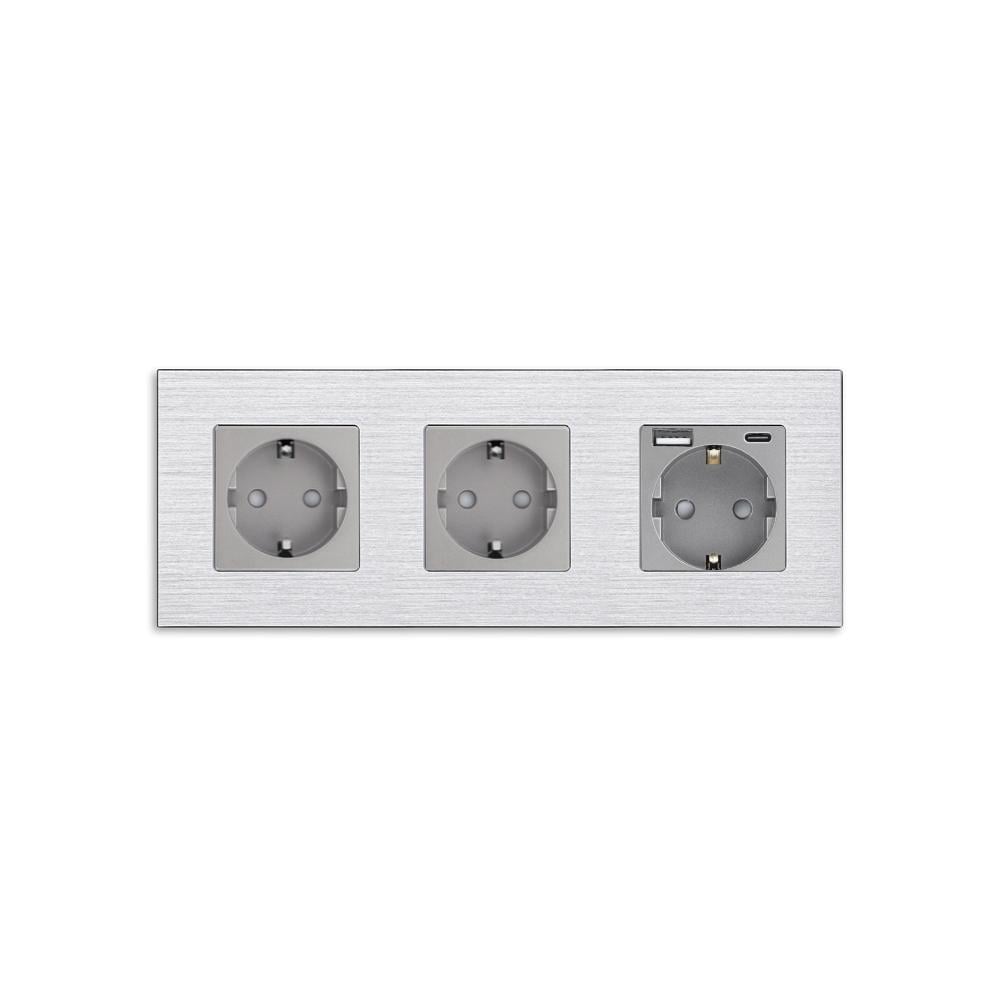 Розетка WALLPAD с USB A+C 20Вт с заземлением/шторками 250В 16А алюминиевая рамка Серый (WP-M3FGAC-GY)