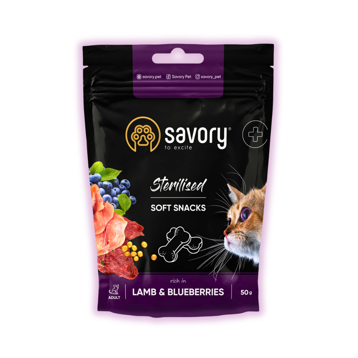 Ласощі для котів мʼякі Savory з ягням та чорницею для стерилізованих котів 50 г (29405073)