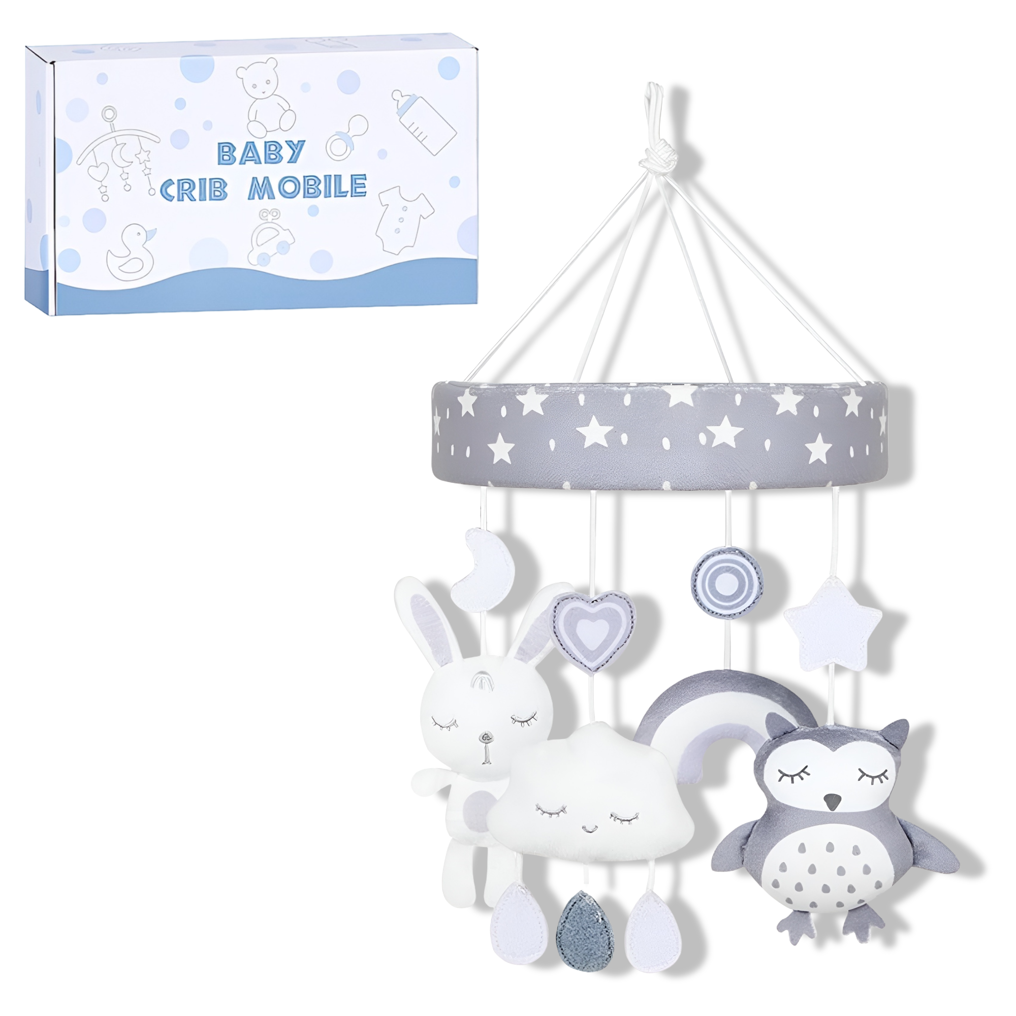 Карусель на кроватку с плюшевыми подвесками заводная музыка Белый (HB 0068 ABCD)