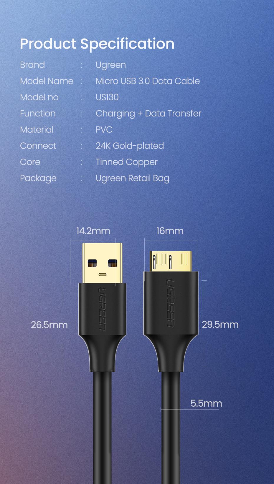 Кабель для жестких дисков UGREEN USB 3.0-Micro USB Type-B 5 Гбит/с USB 3.0 A на Micro-B 1 м Черный (10841) - фото 9
