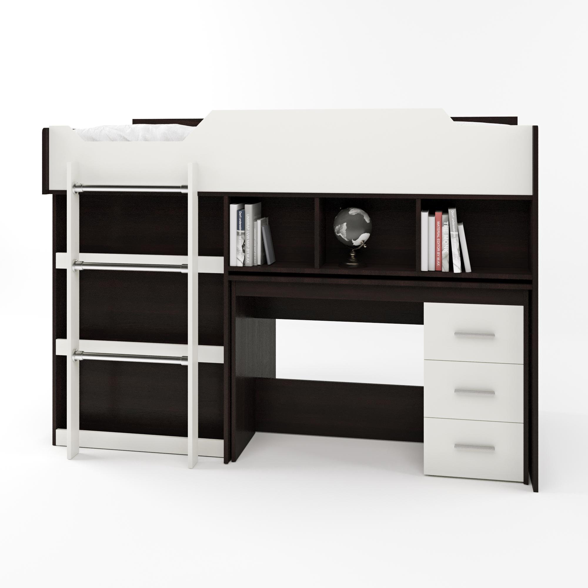 Кровать-горка Эверест чердак-2 с выкатным столом Венге/Белый (EVR-2102)