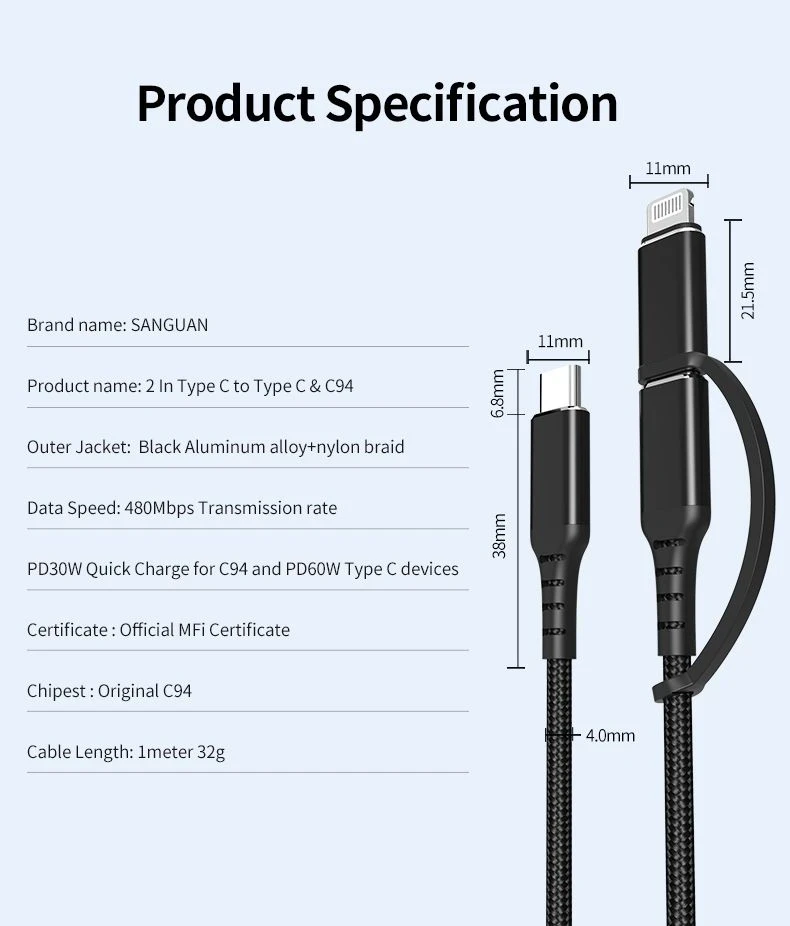 Кабель SanGuan USB-C to Type-C/Lightning 60 W 2в1 - фото 6 Кабель SanGuan USB-C to Type-C/Lightning 60 W 2в1 - фото 6