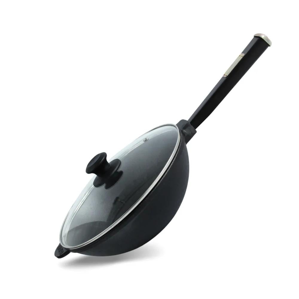 Сковорода Brizoll WOK чугунная с деревянной черной ручкой и стеклянной крышкой 2,8 л 260х80 мм (93-90-W26HP1-6)