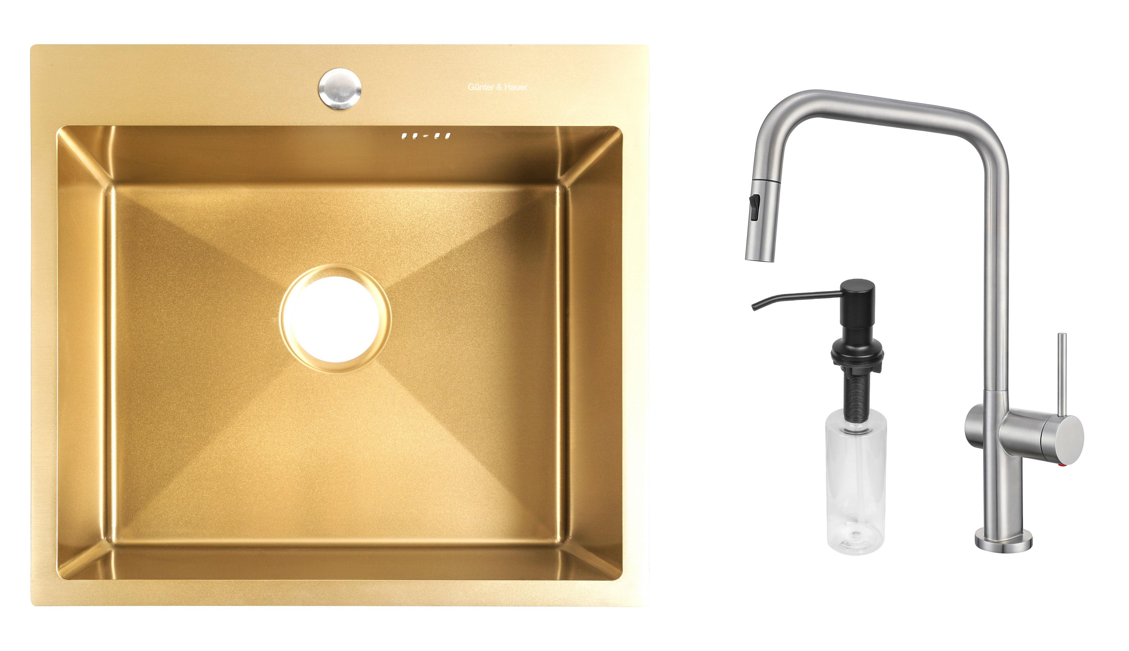 Комплект из кухонной мойки Gunter&Hauer Mindel 5522 Gold кухонного смесителя Gunter&Hauer BRUNNEN Br и дозатора Gunter&Hauer SOAP DISPENSER Black