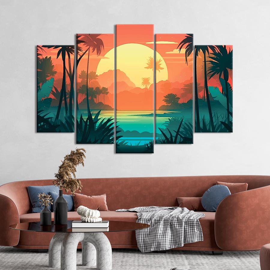 Картина на полотні Захід сонця серед пальм на березі моря 137x85 см (V508-5_L)