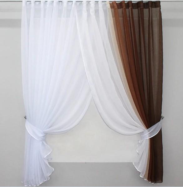 Занавеска на кухню/балкон шифон/батист 435х170 см Коричневый/Белый (108к)