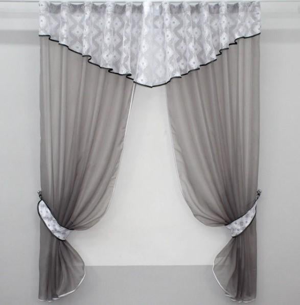 Шторки на кухню шифон/жаккард 290х170 см Серый/Белый (084к)