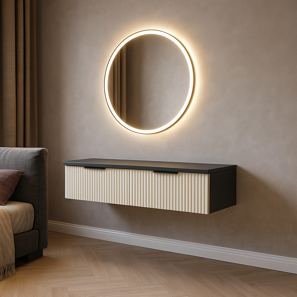 Туалетный столик ТС1 SENAM 220х1000х360 мм корпус ДСП Серый Графит фасад МДФ краска RAL9001 Светло-бежнвый фрезеровка Плаше Грос Туалетный столик ТС1 SENAM 220х1000х360 мм корпус ДСП Серый Графит фасад МДФ краска RAL9001 Светло-бежнвый фрезеровка Плаше Грос