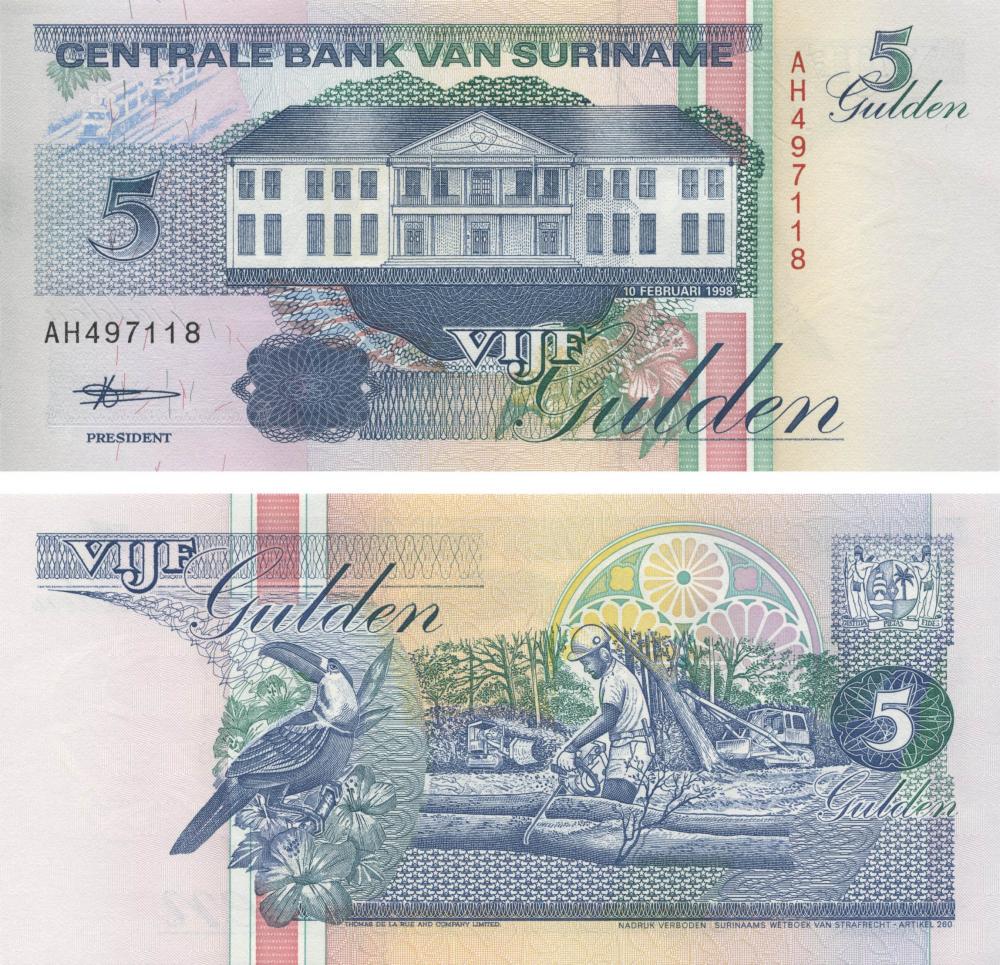 Коллекционная банкнота Суринам 5 гульденов 1998 UNC P136 (Б09989)