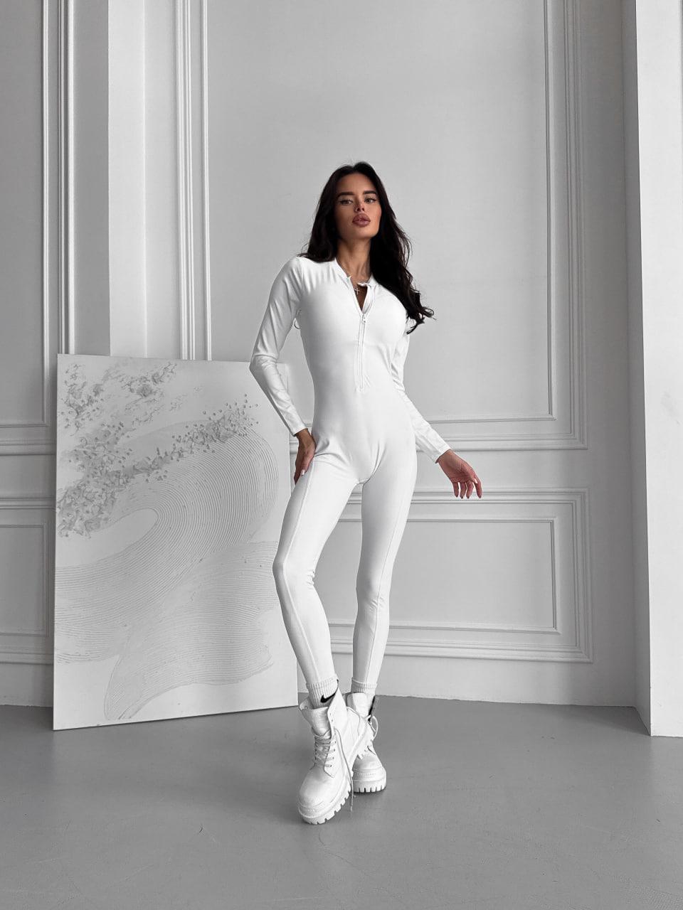 Комбинезон спортивный длинный с рукавом с чашками и пуш-ап M Белый (WRH02M)