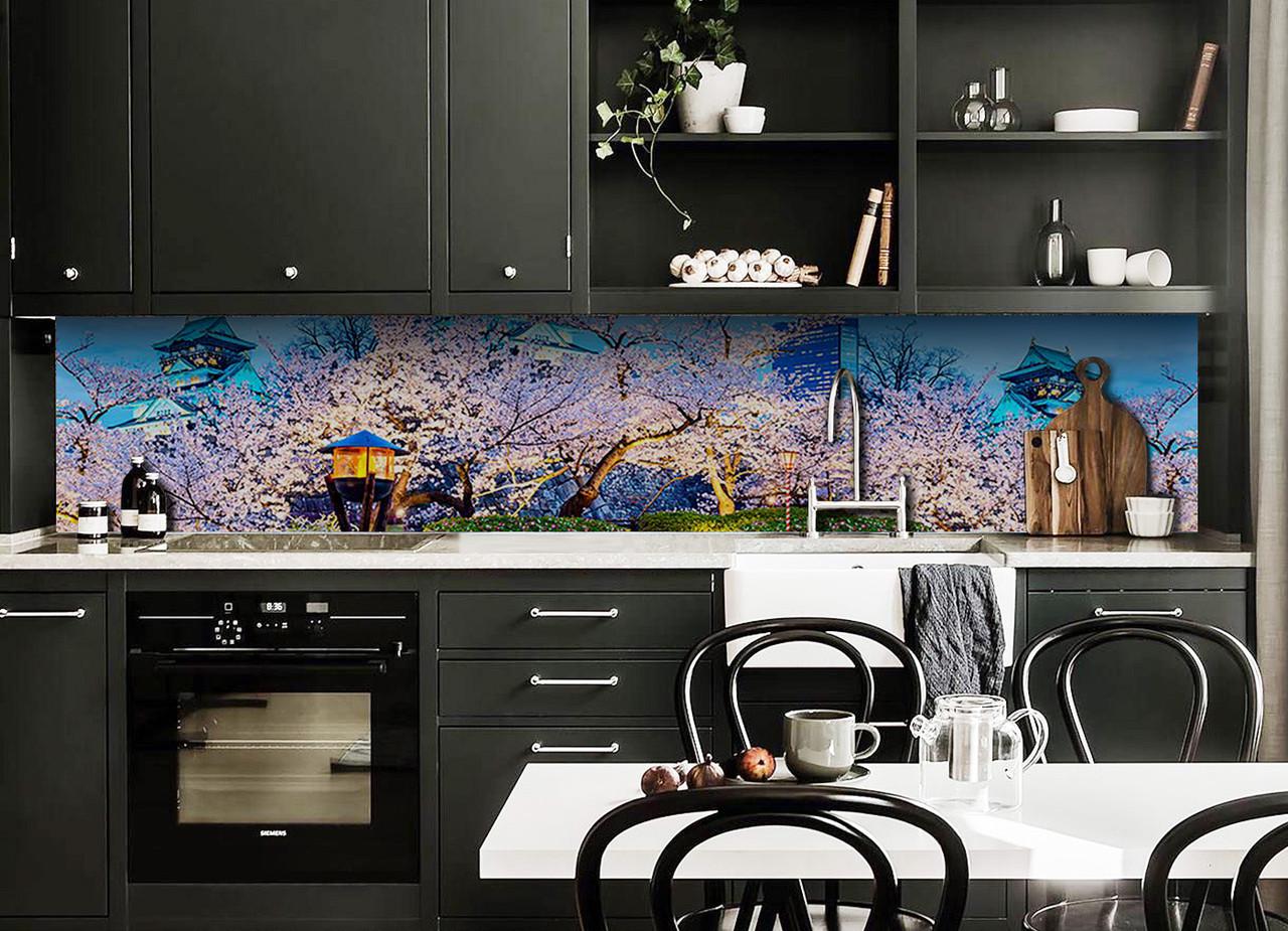 Кухонный фартук Цветущий сад сакуры восток из самоклеющейся виниловой пленки 65х250 см Голубой