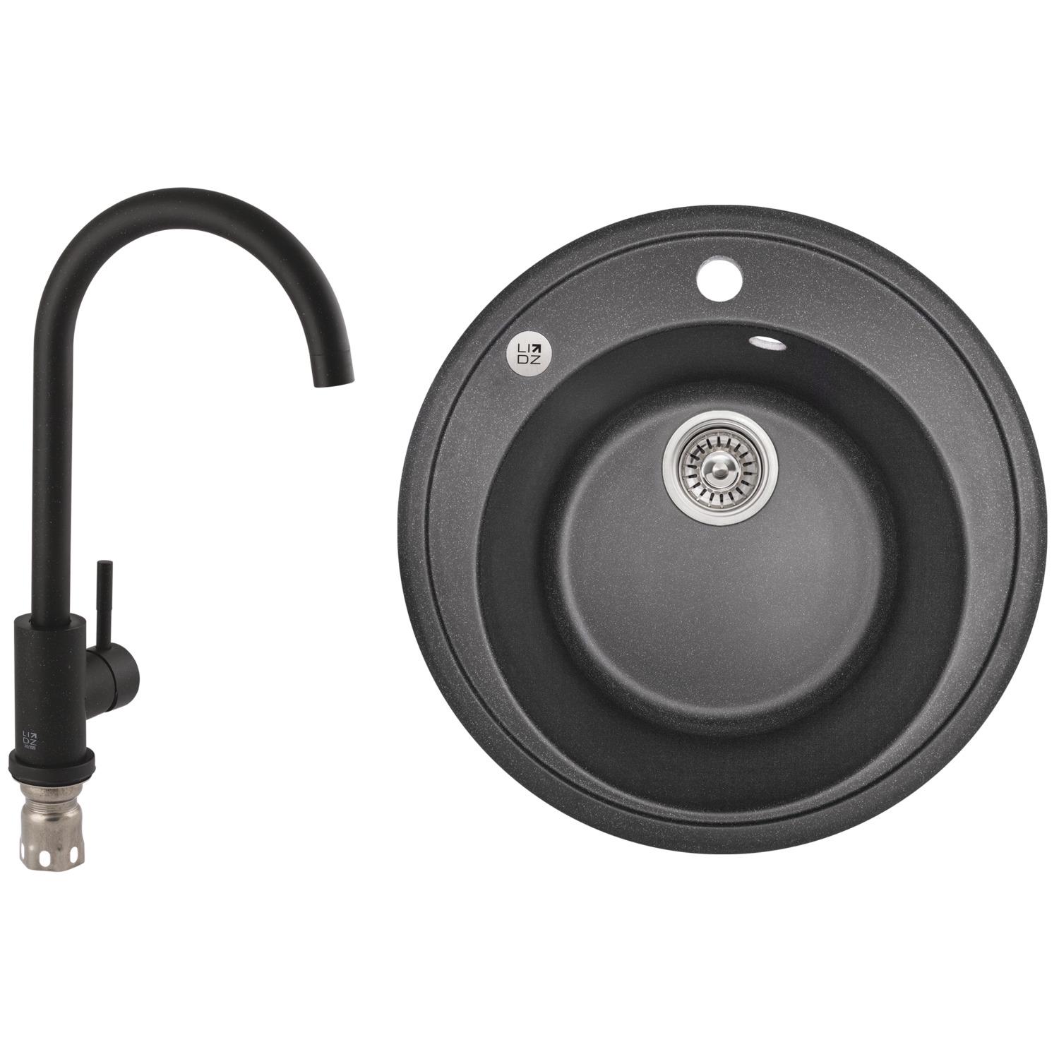 Мийка кухонна Lidz LIDZBLA03D51020045298 гранітна кругла зі змішувачем 505x505 мм Чорний (193696)