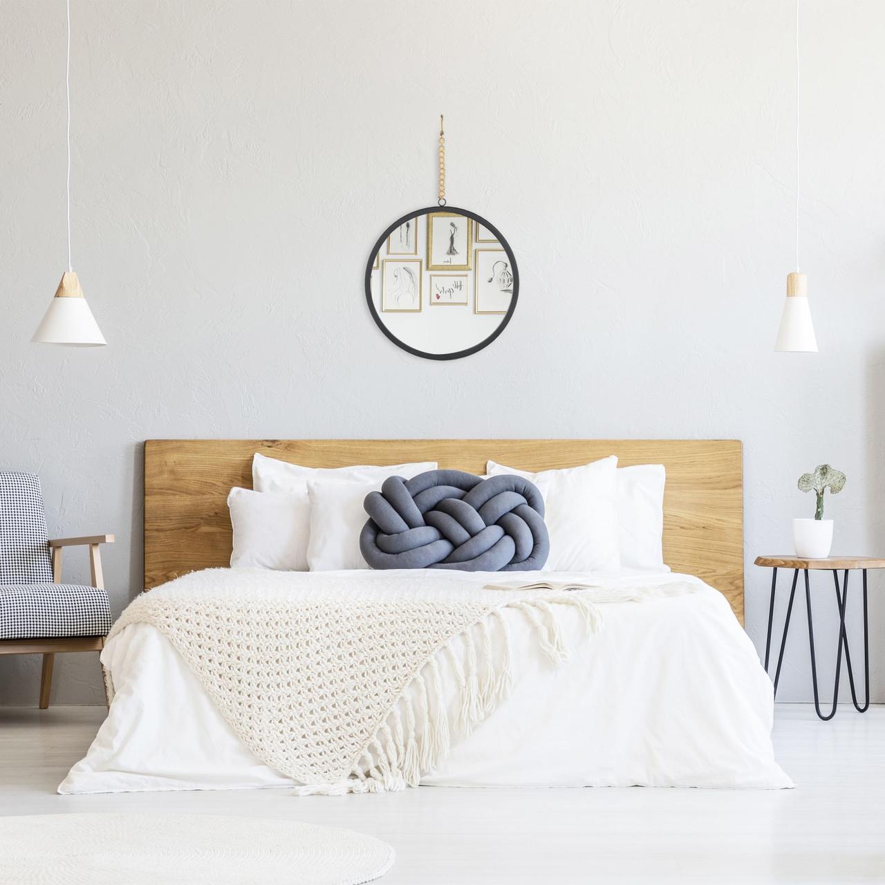 Зеркало круглое настенное Relaxdays для ванной и прихожей с веревкой и деревянными бусинами 40 см Черный - фото 3