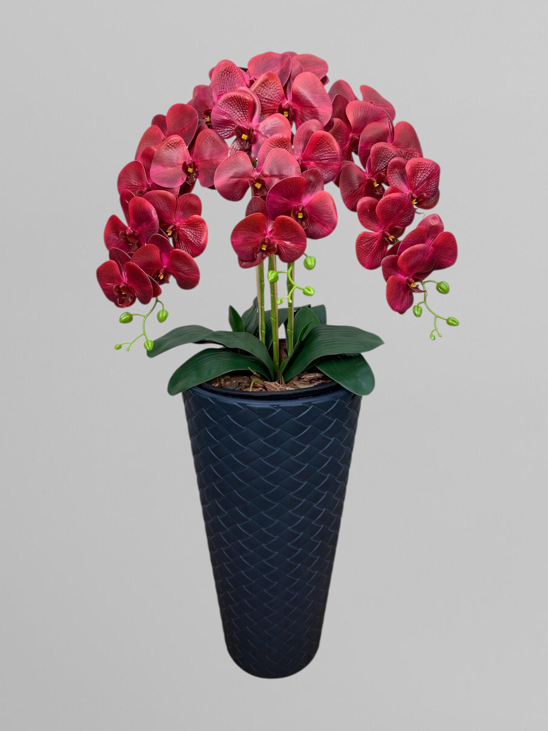 Композиція підлогова з штучних орхідей на 3 гілочки у пластиковому кашпо 110 см Червоний (А219)