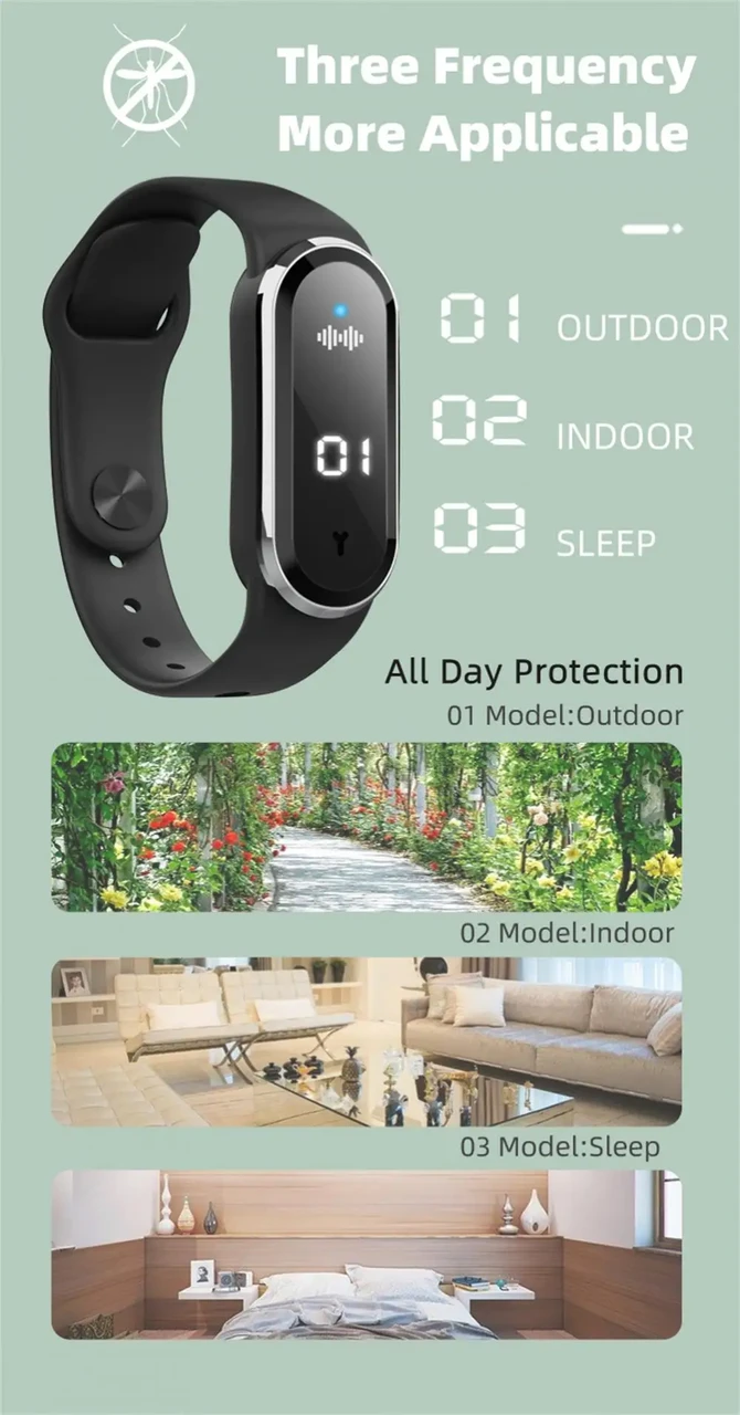 Браслет для отпугивания комаров ультразвуковой M21 PRO с функцией часов/шагомера и термометра Белый (2164658867) - фото 8