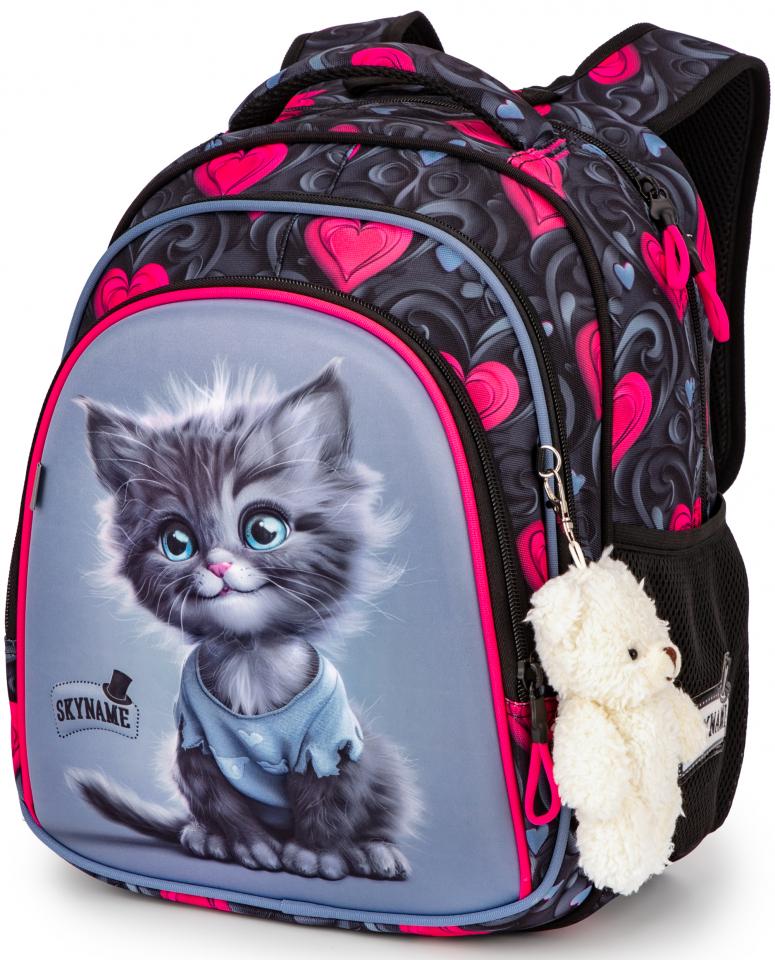Школьный рюкзак для девочки SkyName Котенок принт сердечки 1-4 класс 6-10 лет Черно-розовый (R2-223)