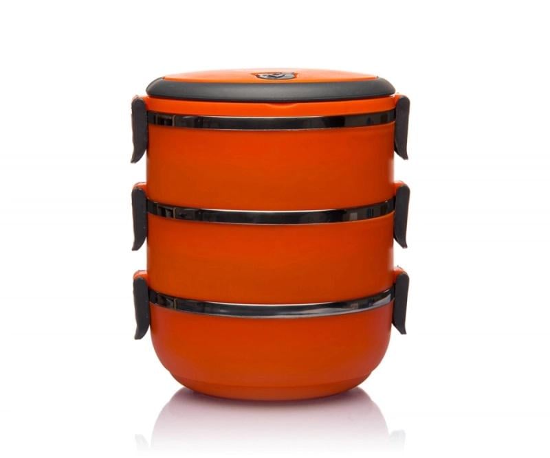 Ланч-бокс для еды с ручками тройной Kamille KM-2107 из нержавеющей стали и пластика 2100 мл Оранжевый (150-84-2107.2)