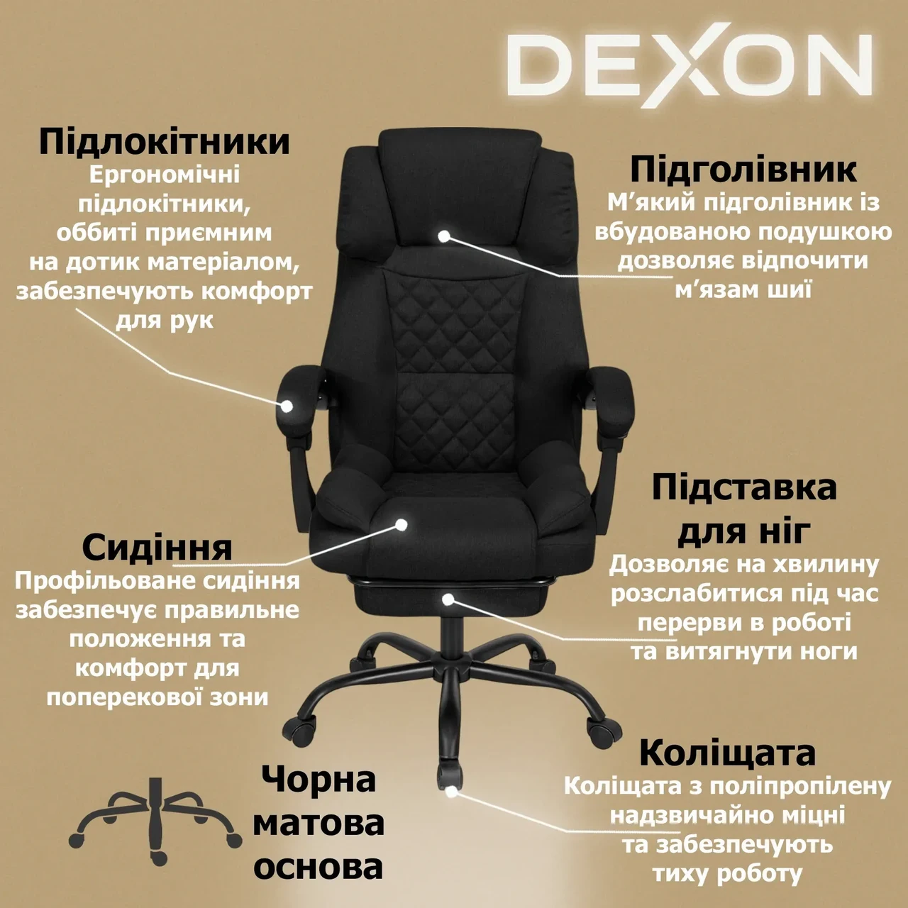 Крісло комп'ютерне DEXON ELITE з тканини з підставкою для ніг Чорний - фото 3 Крісло комп'ютерне DEXON ELITE з тканини з підставкою для ніг Чорний - фото 3