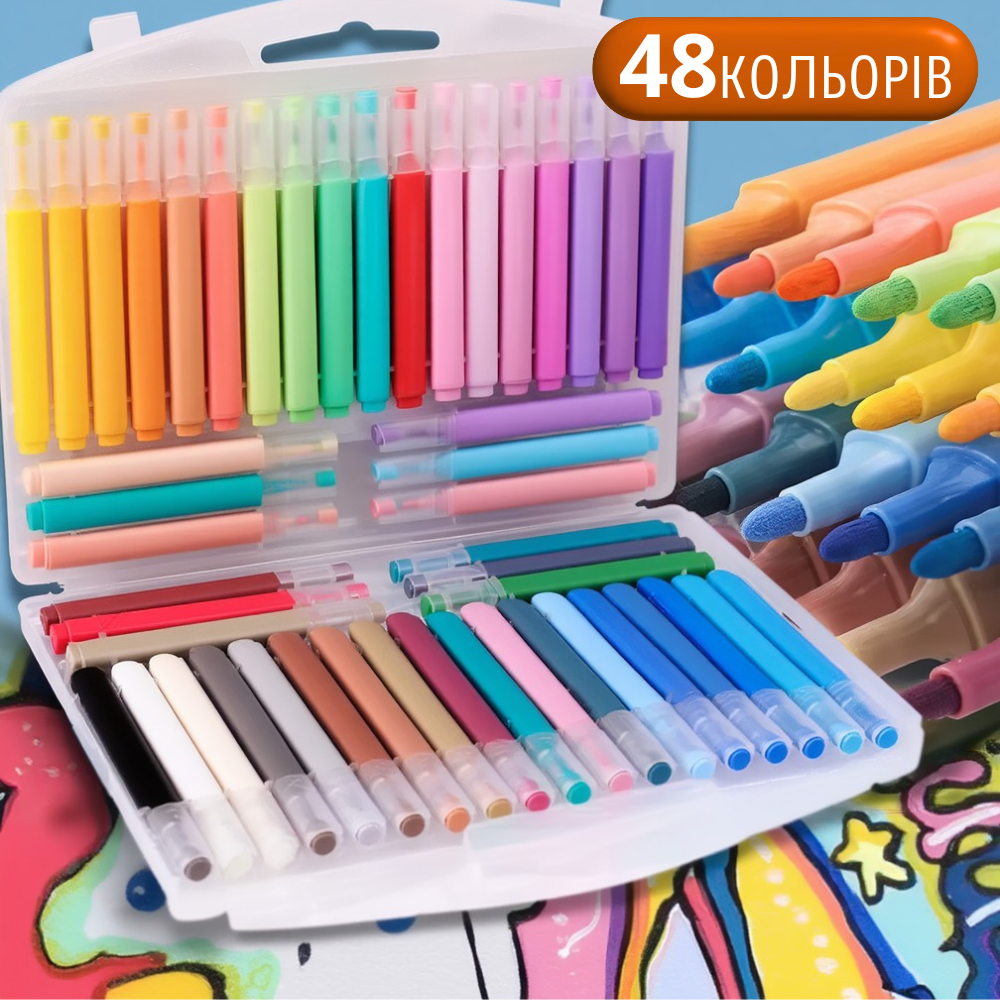 Набір акрилових маркерів  для малювання та творчості  для тканини дерева та кераміки в пластиковому кейсі 48 шт. - фото 8