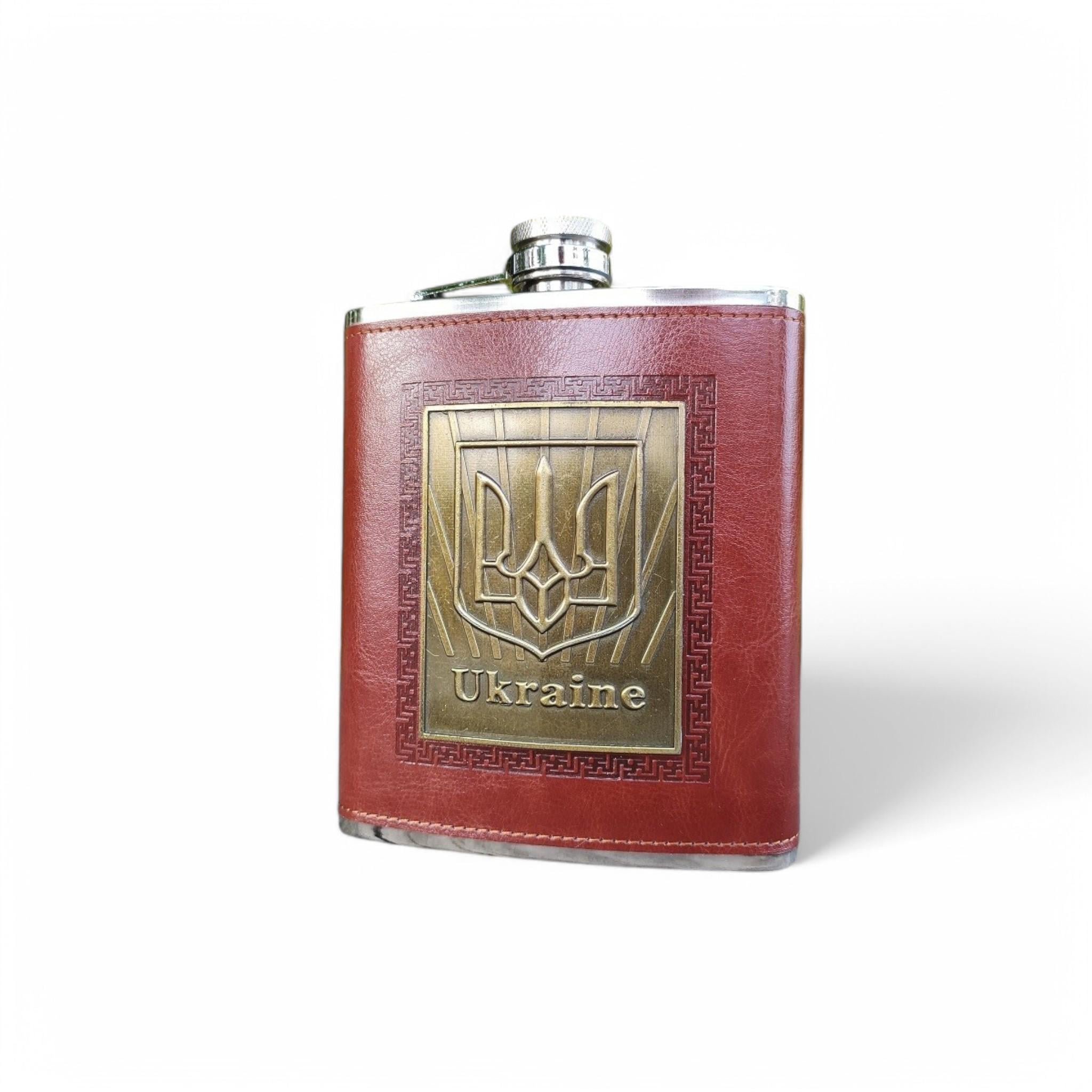 Фляга TD18 Герб Украины в коже 18oz 532 мл из нержавеющей стали Brown (F_F1-60)