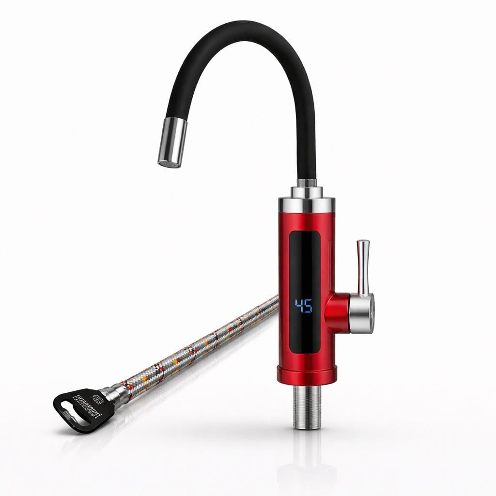Проточный водонагреватель Wezer SDR-G16T Red 3,3 кВт для кухни/гибкое поворотное излияние/дисплей температуры/подводка 60 см