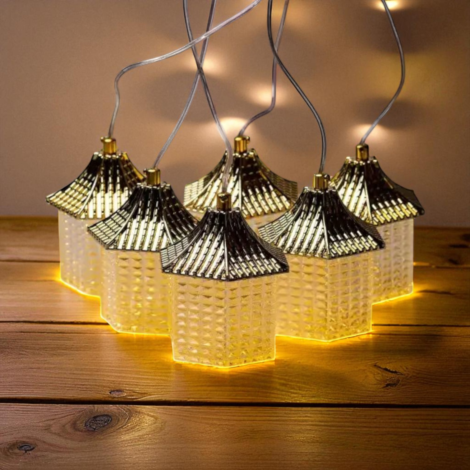 Гірлянда штора мережева LED з об'ємними фігурами будиночків у китайському стилі 3х0,9 м 6 ламп Теплий жовтий (6L3MLIG)