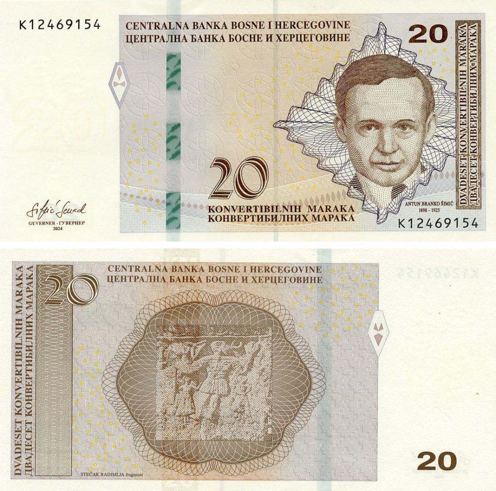 Коллекционная банкнота Босния и Герцеговина 20 марок 2024 UNC Shimich (P83c)
