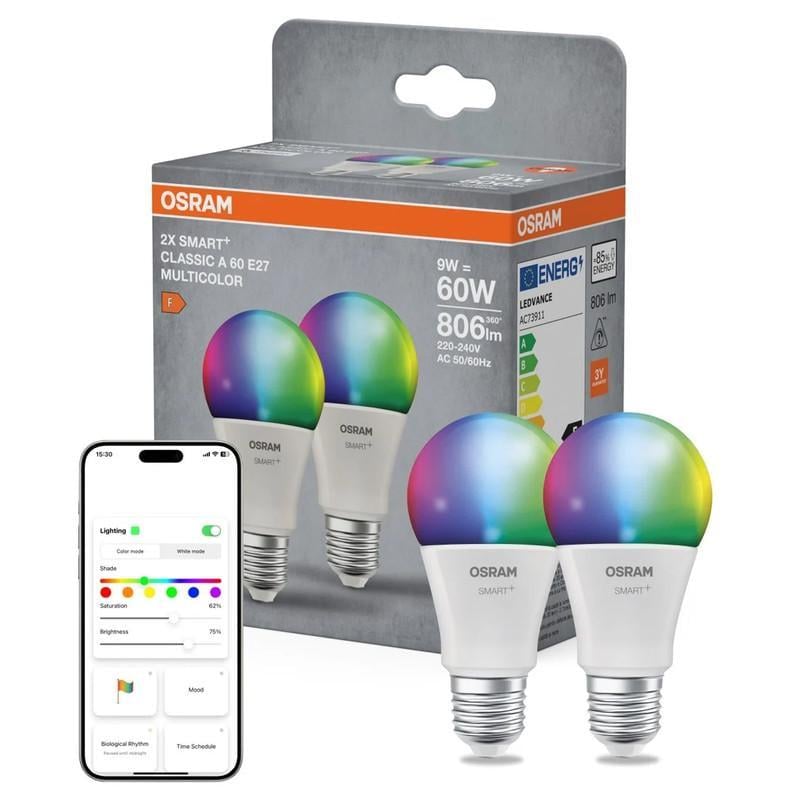 Светодиодная лампа Osram SMART WiFi RGBW A60 9W/230V/806 Лм/2700-6500K E27 60x112 мм 2 шт. (4099854495656)
