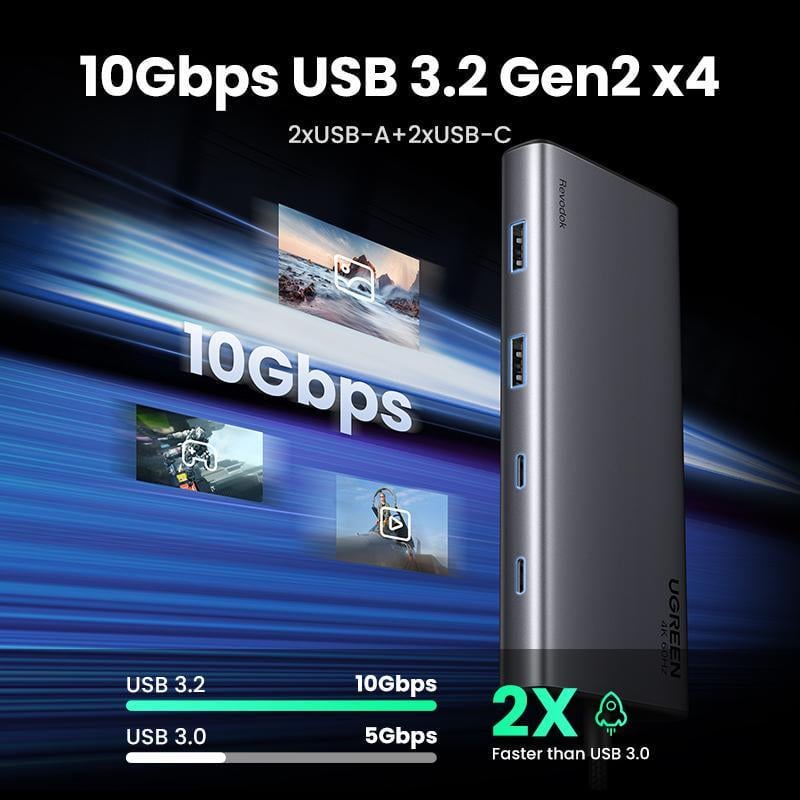 Док-станція UGREEN USB-C потрійний 4K дисплей 10Гбіт/с USB 3.2 PD 100Вт 30 см Сірий (35625) - фото 16 Док-станція UGREEN USB-C потрійний 4K дисплей 10Гбіт/с USB 3.2 PD 100Вт 30 см Сірий (35625) - фото 16