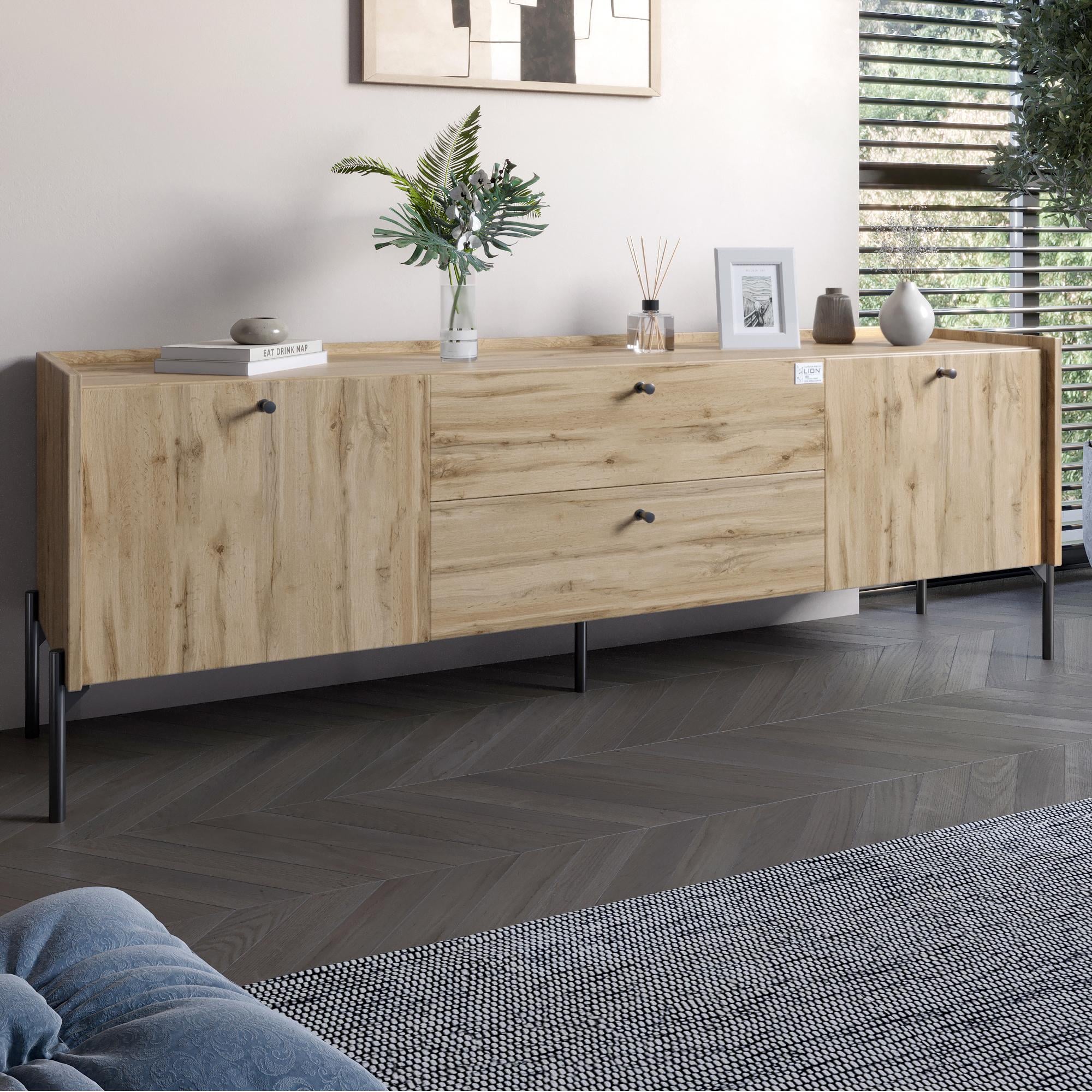 Тумба под телевизор с ящиками Lion Wood с черными ножками 180х50х40 см Дуб Аппалачи (000-000-2423)