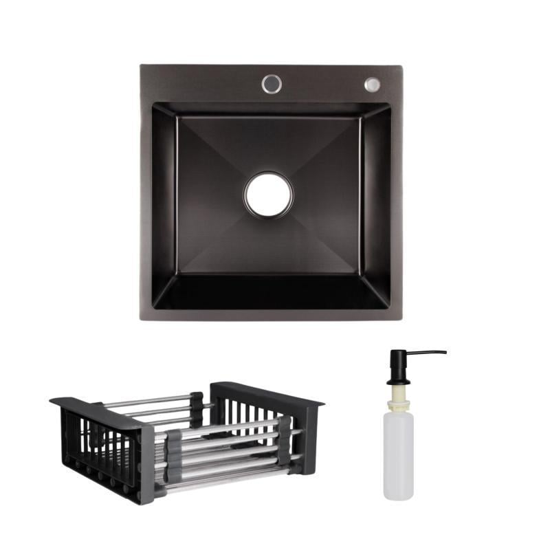 Мойка кухонная Lidz H5050B BlackPVD с дозатором и корзиной K01B 50х50х22 см Черный матовый