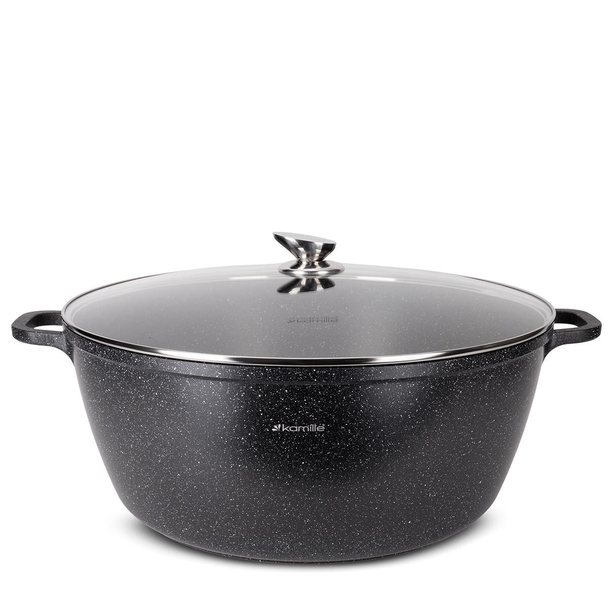 Кастрюля со стеклянной крышкой и антипригарным покрытием Kamille КМ-4484 из литого алюминия 22 л Черный мрамор (150-84-4484) - фото 1 Кастрюля со стеклянной крышкой и антипригарным покрытием Kamille КМ-4484 из литого алюминия 22 л Черный мрамор (150-84-4484) - фото 1