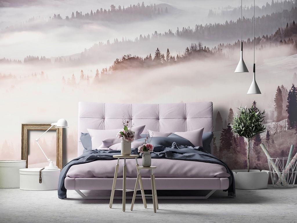 Фотообои флизелиновые в спальню Пейзаж-Лес под белым туманом с клеем 368x254 см (13573V8)