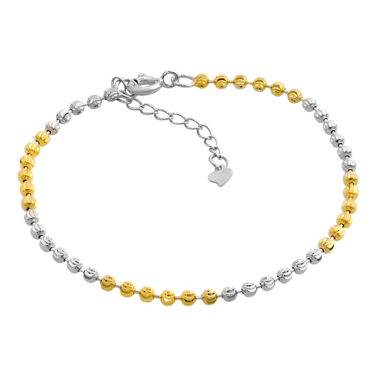Браслет серебряный с шариками серебряного и золотого цвета круглой формы с декоративной подвеской-сердцем 17-20 см