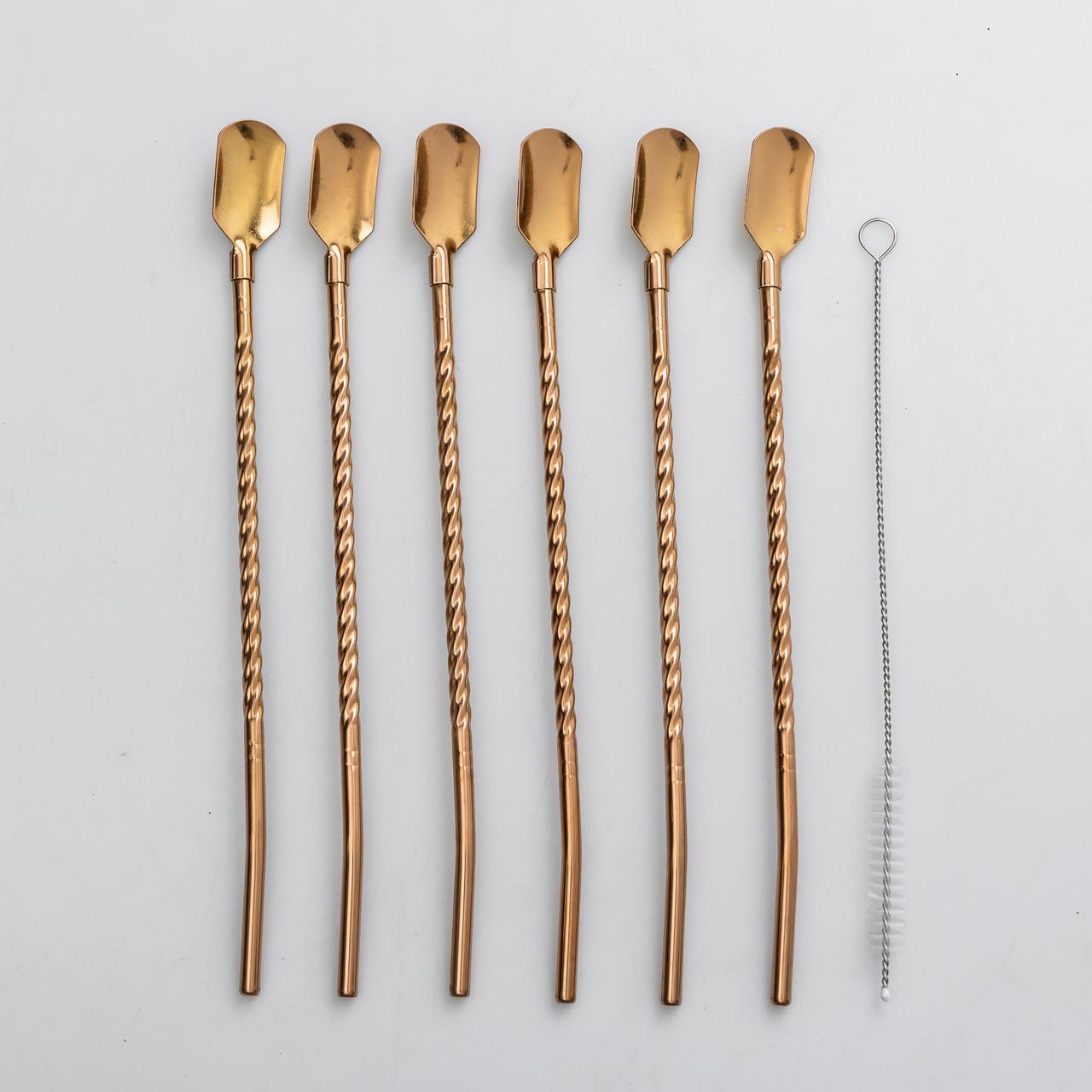 Набор многоразовых ложек-трубочек 6 шт. для напитков 22 см со щеткой для мойки из нержавеющей стали Золотой Набор многоразовых ложек-трубочек 6 шт. для напитков 22 см со щеткой для мойки из нержавеющей стали Золотой