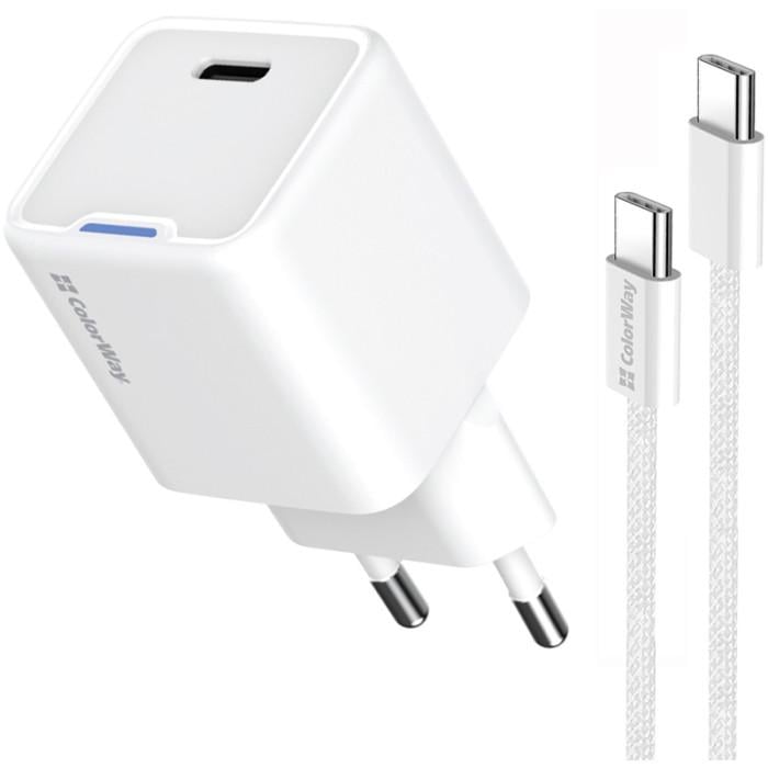 Зарядное устройство сетевое ColorWay GaN Mini CW-CHS054PDC-WT 30W с кабелем USB-C USB-C PD 3.0/QC 4.0 PPS White