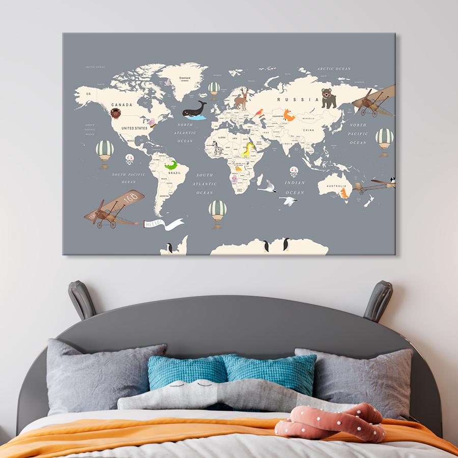 Картина на холсте Белая карта мира на сером фоне с животными 80x54 см (V534-1_L) Картина на холсте Белая карта мира на сером фоне с животными 80x54 см (V534-1_L)