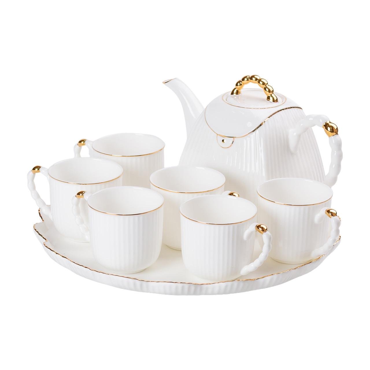 Чайний сервіз із заварювальним чайником та підставкою на 6 персон Білий (A-032908) Чайний сервіз із заварювальним чайником та підставкою на 6 персон Білий (A-032908)