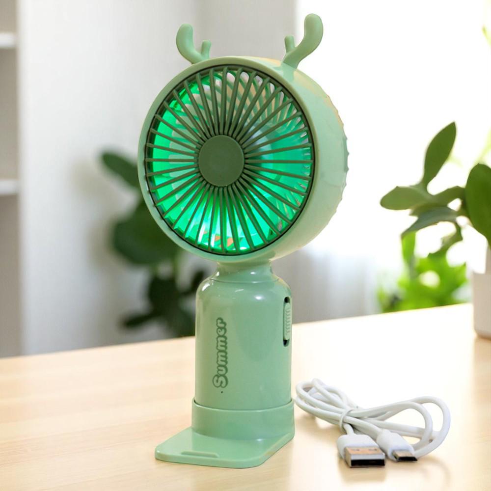 Портативный вентилятор с рожками Олень на аккумуляторе и USB Салатовый
