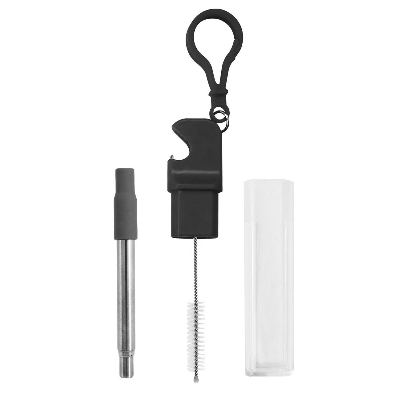 Многоразовая металлическая трубочка SUNROZ Keychain Straw для напитков в футляре с открывалкой 2в1 Черный