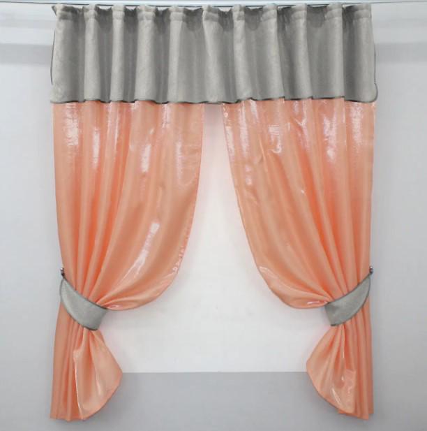 Комплект штор на кухню с ламбрекеном 270х170 см Персиковый/Светло-серый (073к)