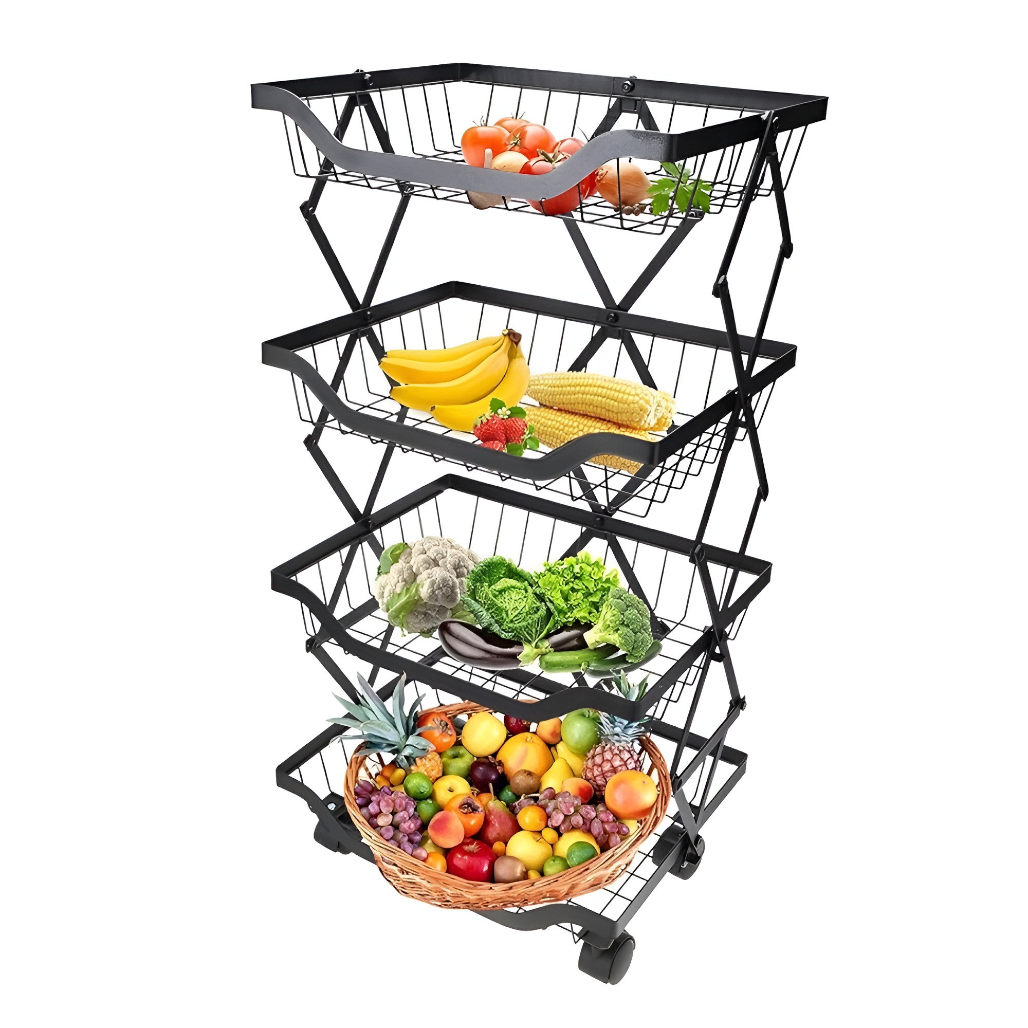 Етажерка на колесах складана 4 ярусна Stenson R93352 залізна 70х29х36 см Чорний (ce181213)