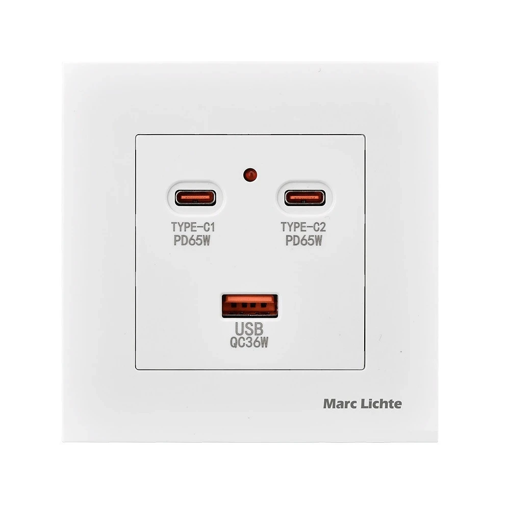 Розетка зі швидким заряджанням Type-C PD 65 W/USB QC/36 W Білий